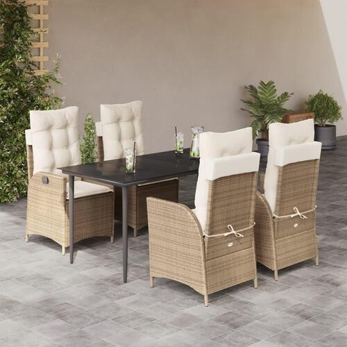 Spisebordssæt til haven 5 dele med hynder polyrattan beige