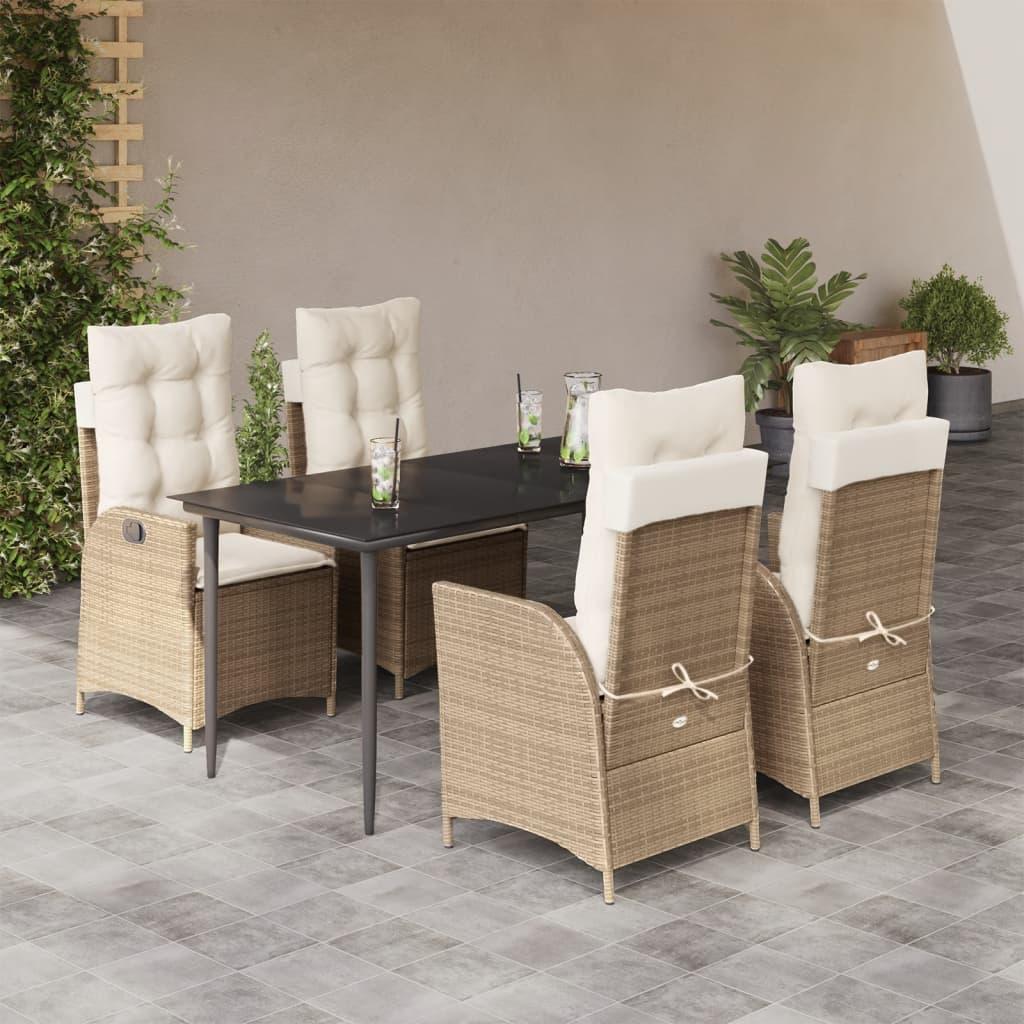 Spisebordssæt til haven 5 dele med hynder polyrattan beige