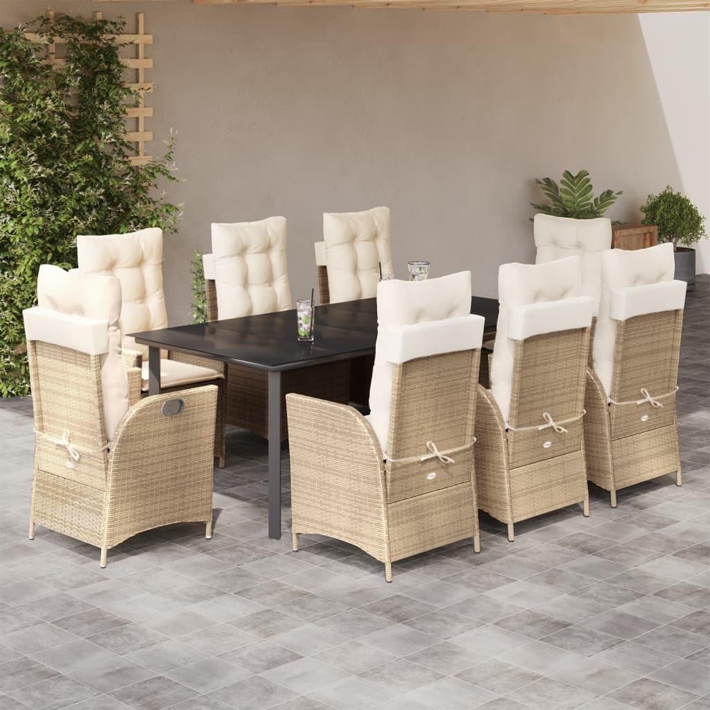 Spisebordssæt til haven 9 dele med hynder polyrattan beige