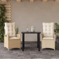 Spisebordssæt til haven 3 dele med hynder polyrattan beige
