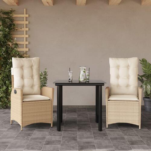 Spisebordssæt til haven 3 dele med hynder polyrattan beige