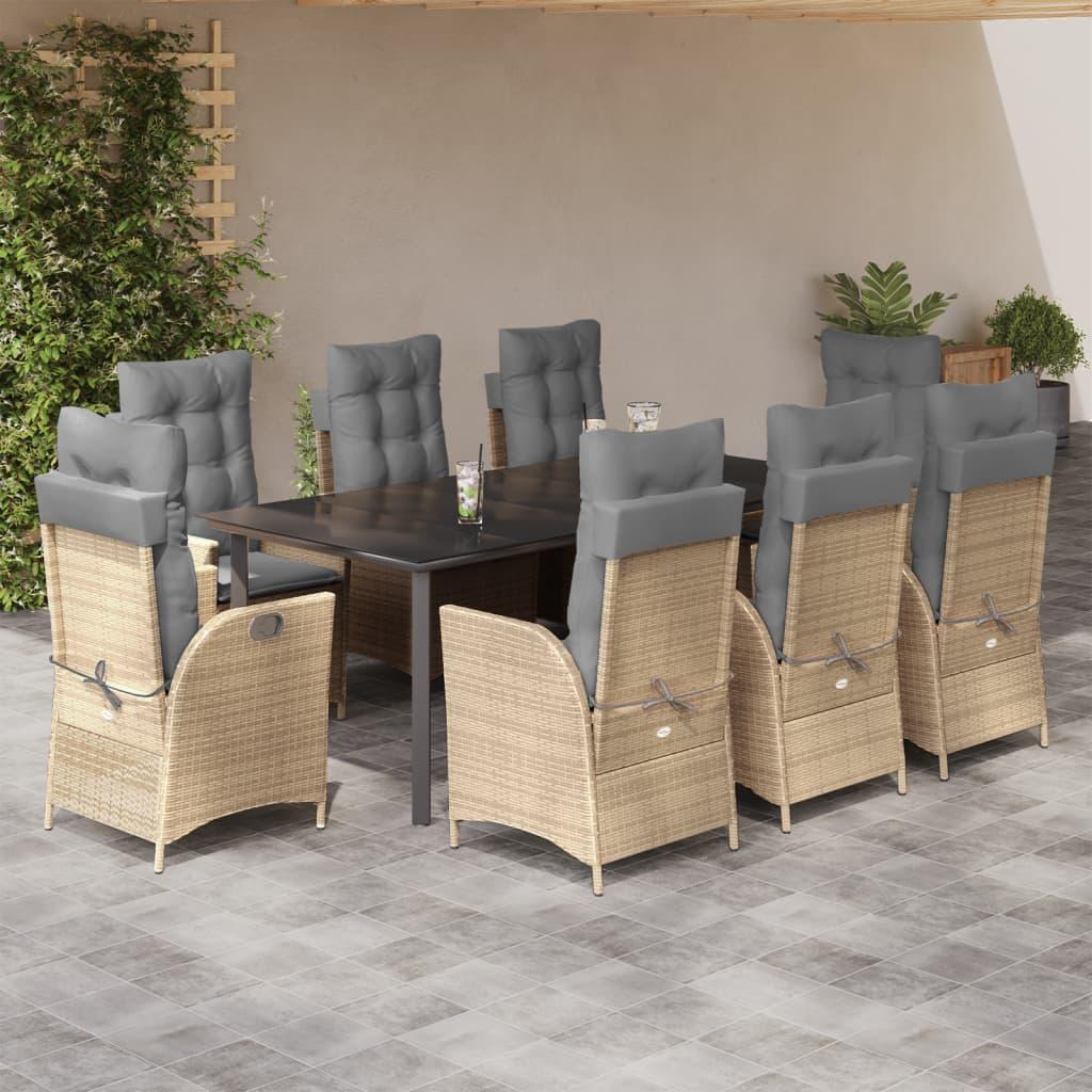 Spisebordssæt til haven 9 dele med hynder polyrattan beige