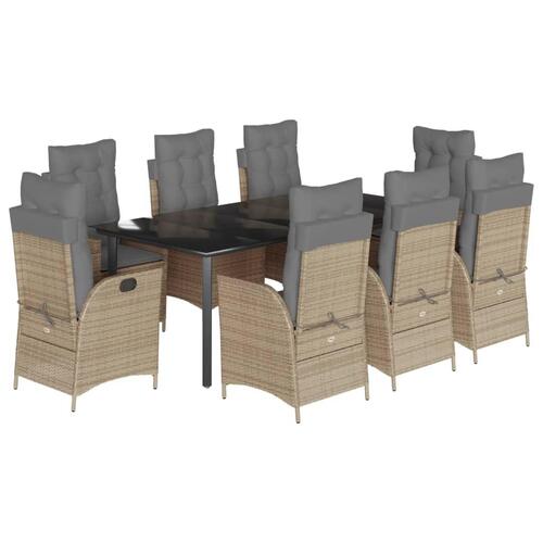 Spisebordssæt til haven 9 dele med hynder polyrattan beige