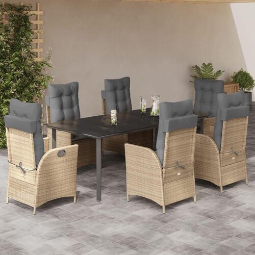 Spisebordssæt til haven 7 dele med hynder polyrattan beige