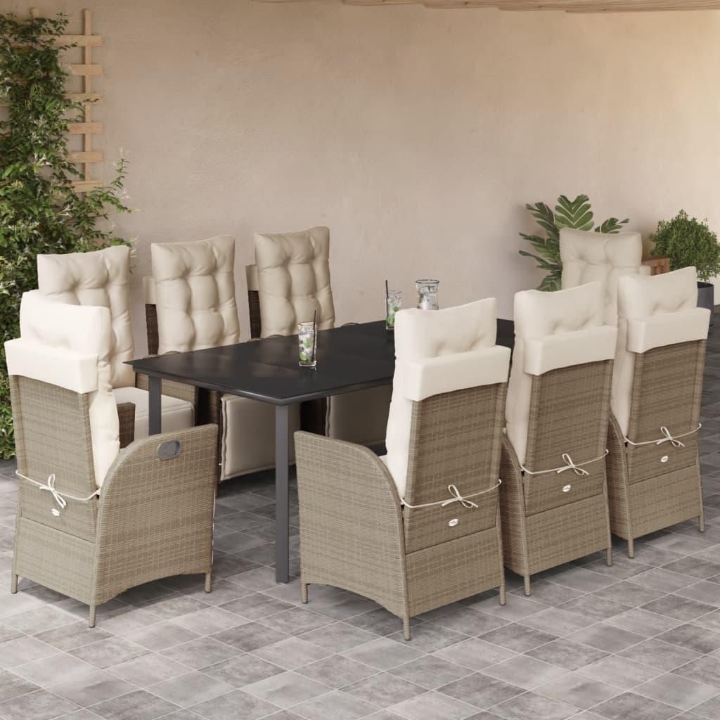 Spisebordssæt til haven 9 dele med hynder polyrattan beige