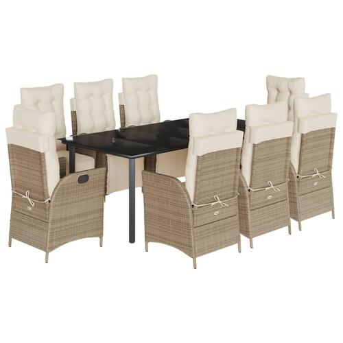 Spisebordssæt til haven 9 dele med hynder polyrattan beige