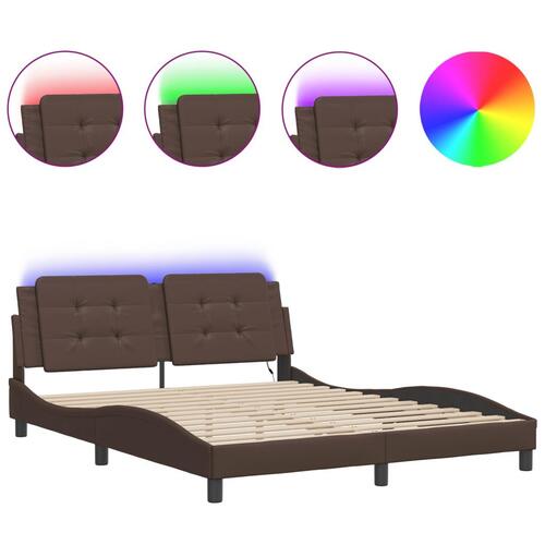 Sengeramme med LED-lys 160x200 cm kunstlæder brun