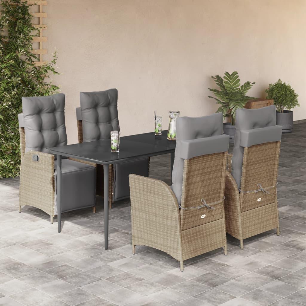 Spisebordssæt til haven 5 dele med hynder polyrattan beige
