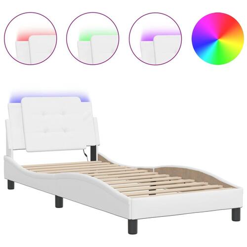 Sengeramme med LED-lys 90x190 cm kunstlæder hvid