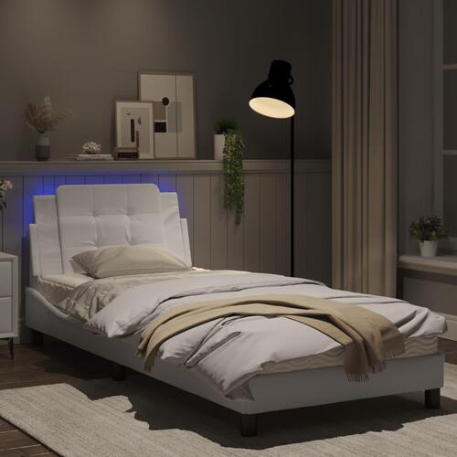Sengeramme med LED-lys 90x190 cm kunstlæder hvid
