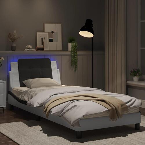 Sengeramme med LED-lys 90x190 cm kunstlæder hvid og sort