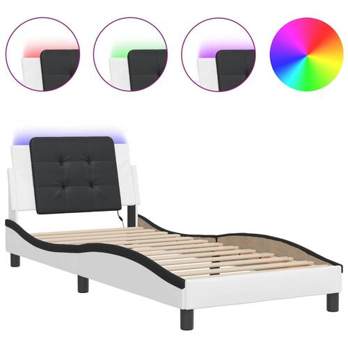 Sengeramme med LED-lys 90x200 cm kunstlæder hvid og sort
