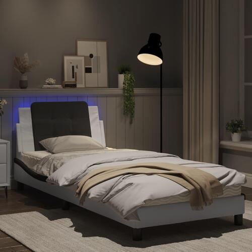 Sengeramme med LED-lys 90x200 cm kunstlæder hvid og sort