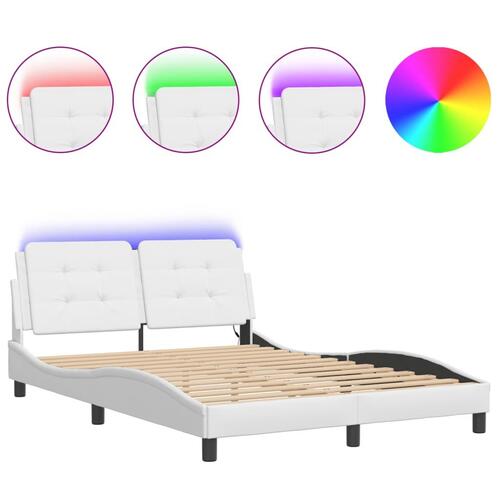 Sengeramme med LED-lys 140x190 cm kunstlæder hvid
