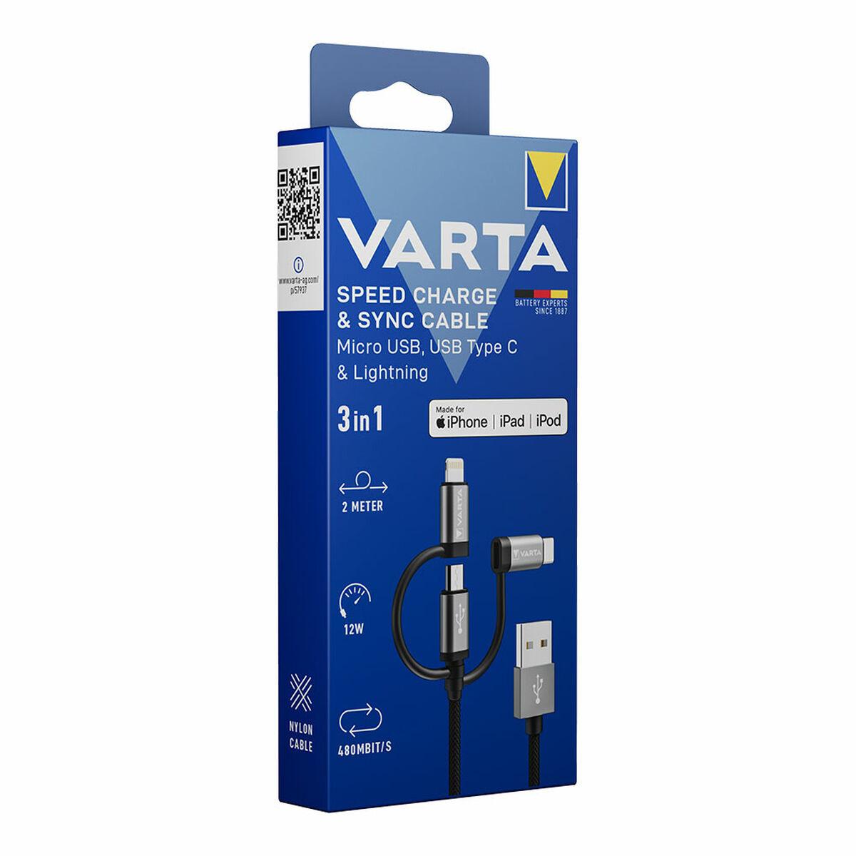 Varta 3-i-1 USB-kabel 2 m - USB-C, Micro USB og Lightning, sort billede