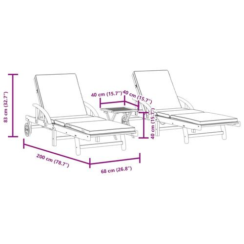 Liggestole 2 stk. med bord massivt akacietræ