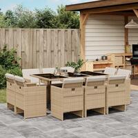 Spisebordssæt til haven 11 dele med hynder polyrattan beige