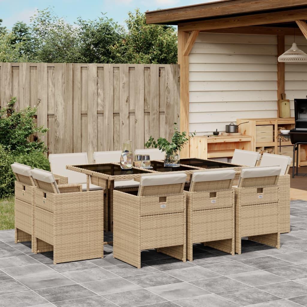 Spisebordssæt til haven 11 dele med hynder polyrattan beige