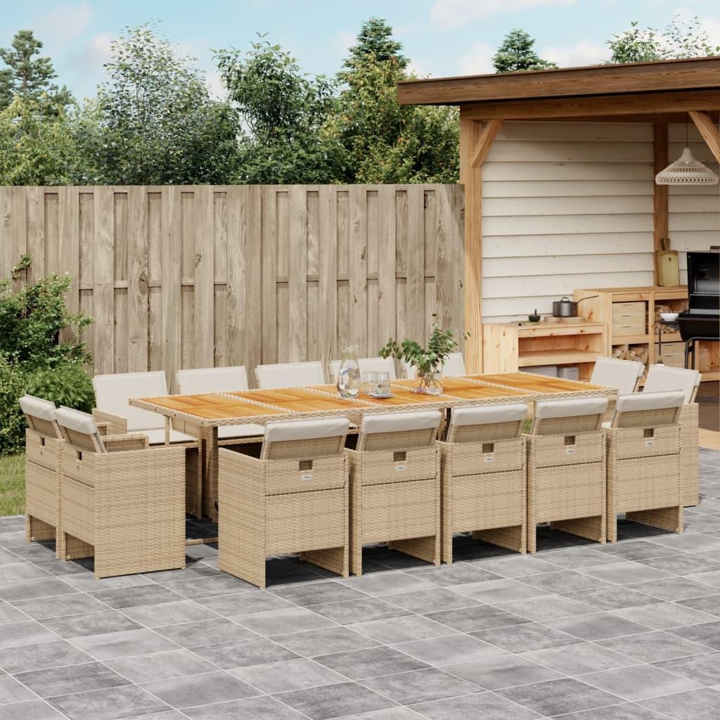 Spisebordssæt til haven 15 dele med hynder polyrattan beige
