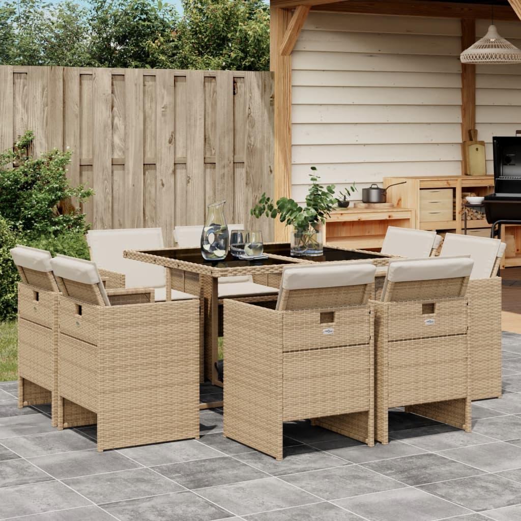 Spisebordssæt til haven 9 dele med hynder polyrattan beige