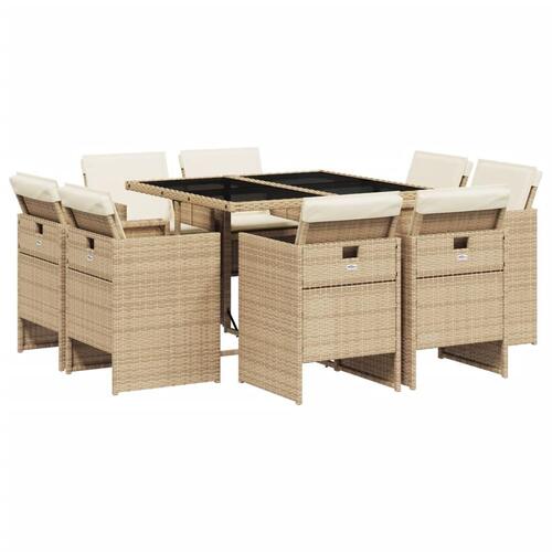 Spisebordssæt til haven 9 dele med hynder polyrattan beige