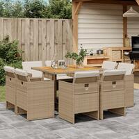 Spisebordssæt til haven 9 dele med hynder polyrattan beige