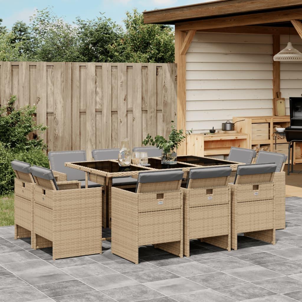 Spisebordssæt til haven 11 dele med hynder polyrattan beige