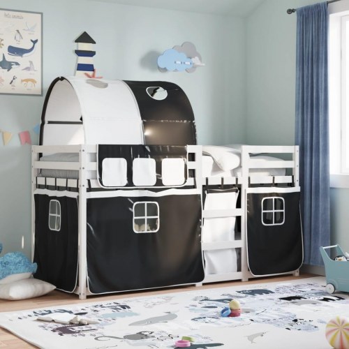 Køjeseng med gardiner 75x190 cm massivt fyrretræ hvid og sort