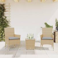 Bistrosæt til haven 3 dele med hynder polyrattan og glas beige