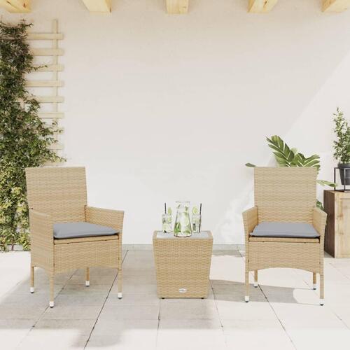 Bistrosæt til haven 3 dele med hynder polyrattan og glas beige