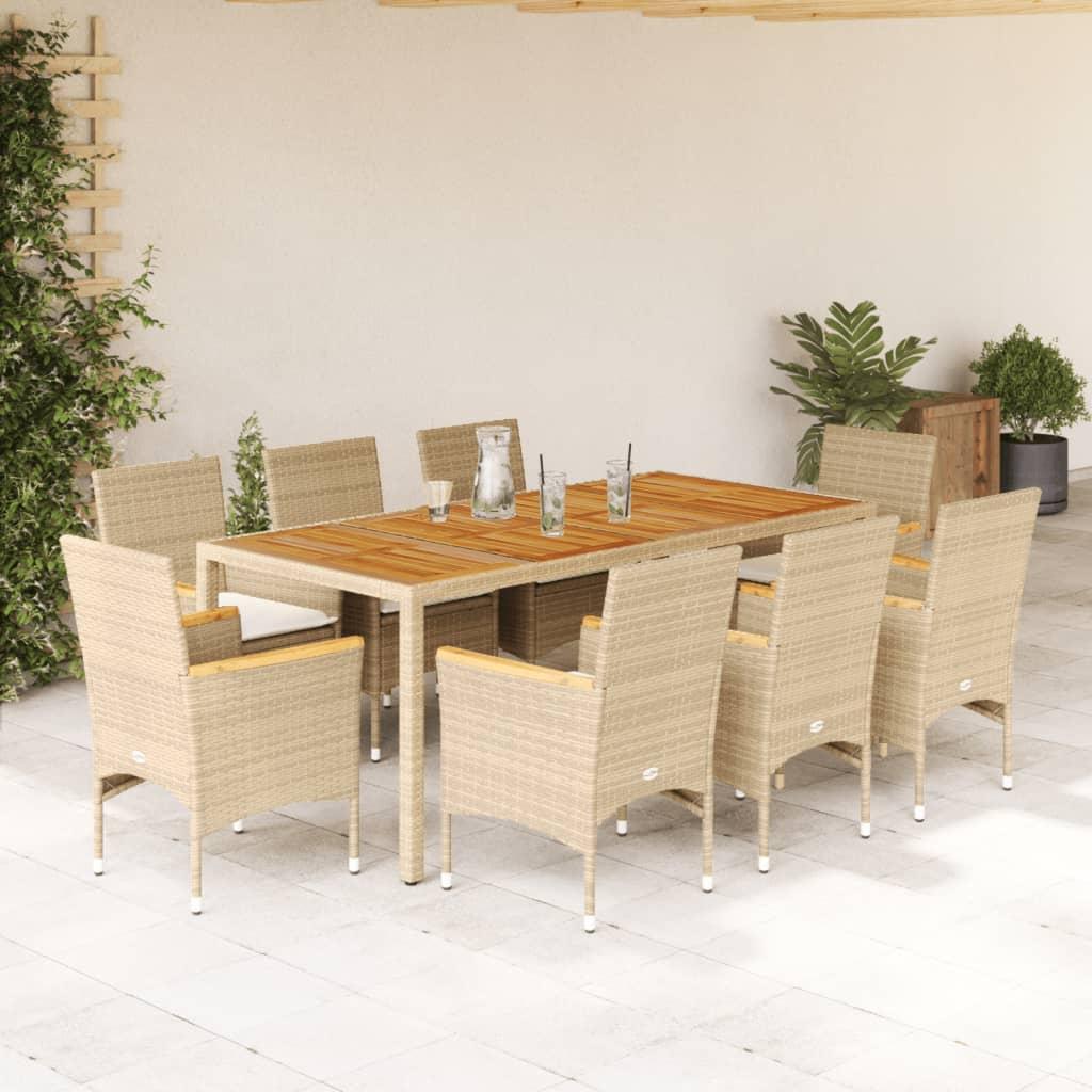 Spisebordssæt til haven 9dele m. hynder polyrattan akacie beige
