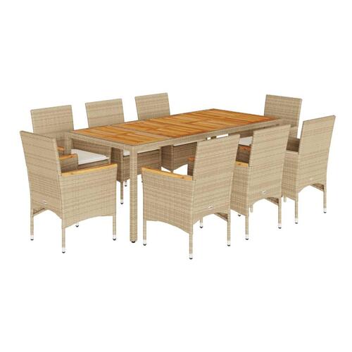 Spisebordssæt til haven 9dele m. hynder polyrattan akacie beige