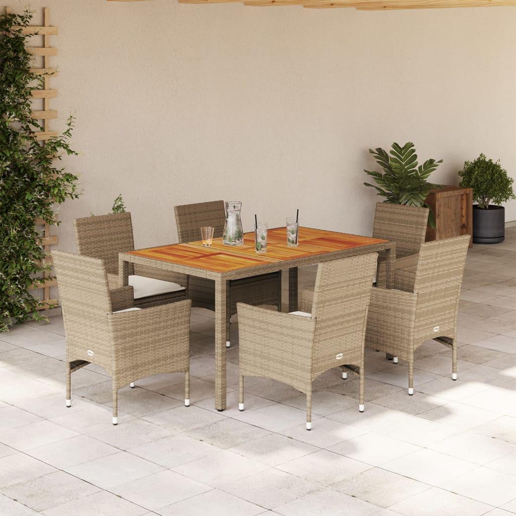 Spisebordssæt til haven 7dele m. hynder polyrattan akacie beige