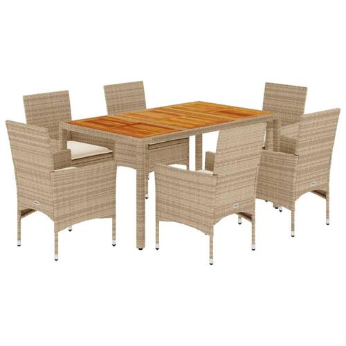 Spisebordssæt til haven 7dele m. hynder polyrattan akacie beige