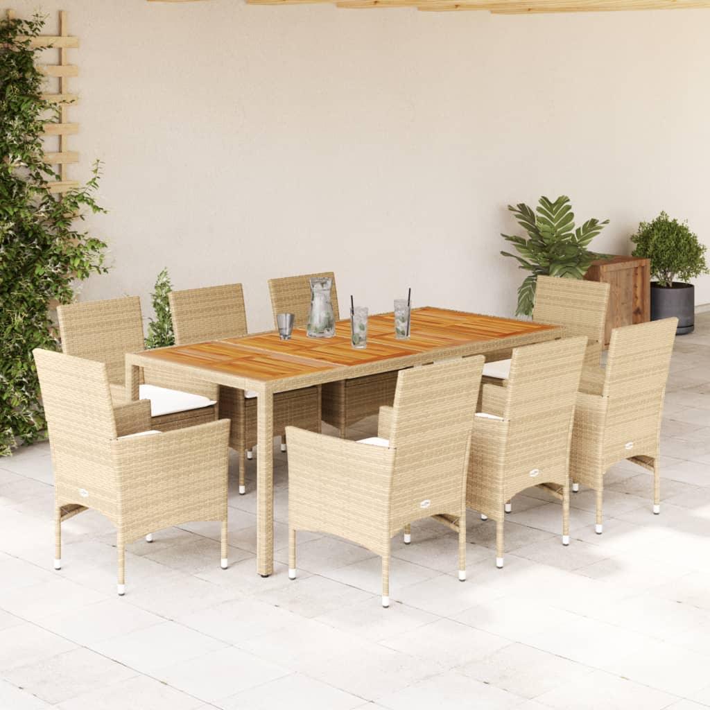 Spisebordssæt til haven 9dele m. hynder polyrattan akacie beige