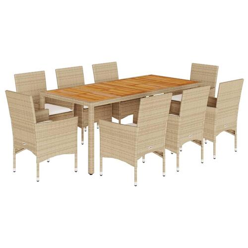 Spisebordssæt til haven 9dele m. hynder polyrattan akacie beige