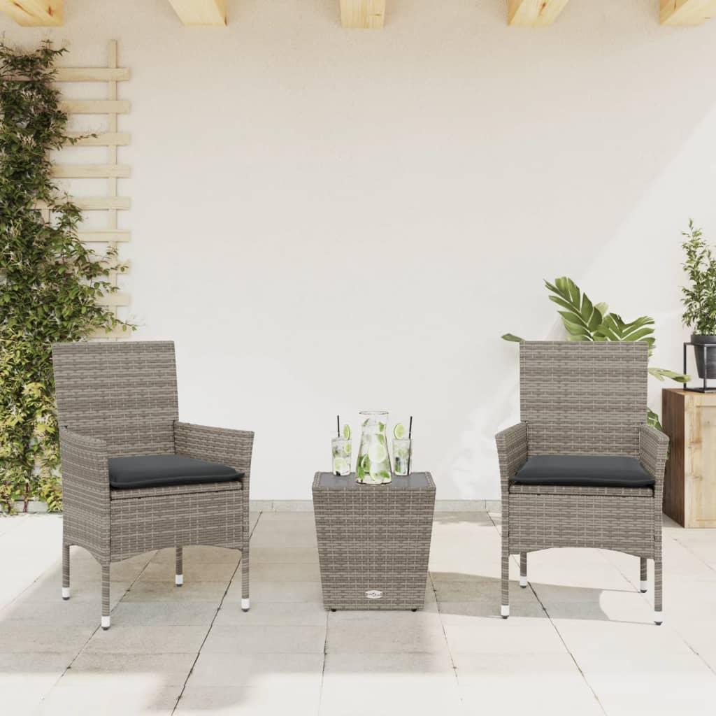 Bistrosæt til haven 3 dele med hynder polyrattan og glas grå