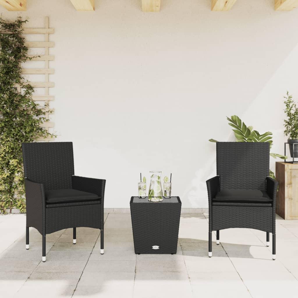 Bistrosæt til haven 3 dele med hynder polyrattan og glas sort