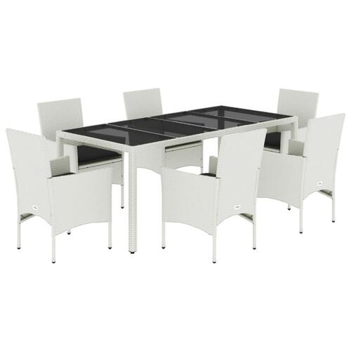 Spisebordssæt til haven 7dele m. hynder polyrattan og glas hvid