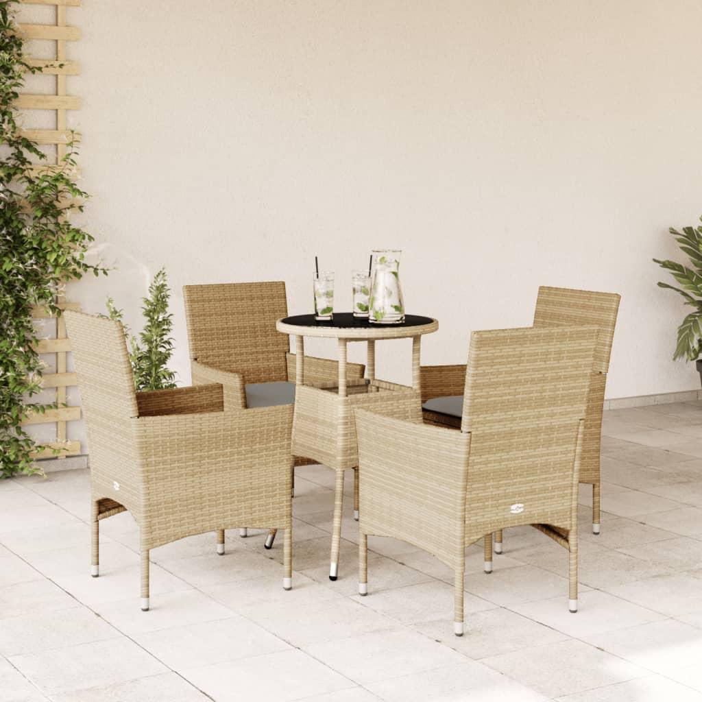Spisebordssæt til haven 5 dele med hynder polyrattan og glas