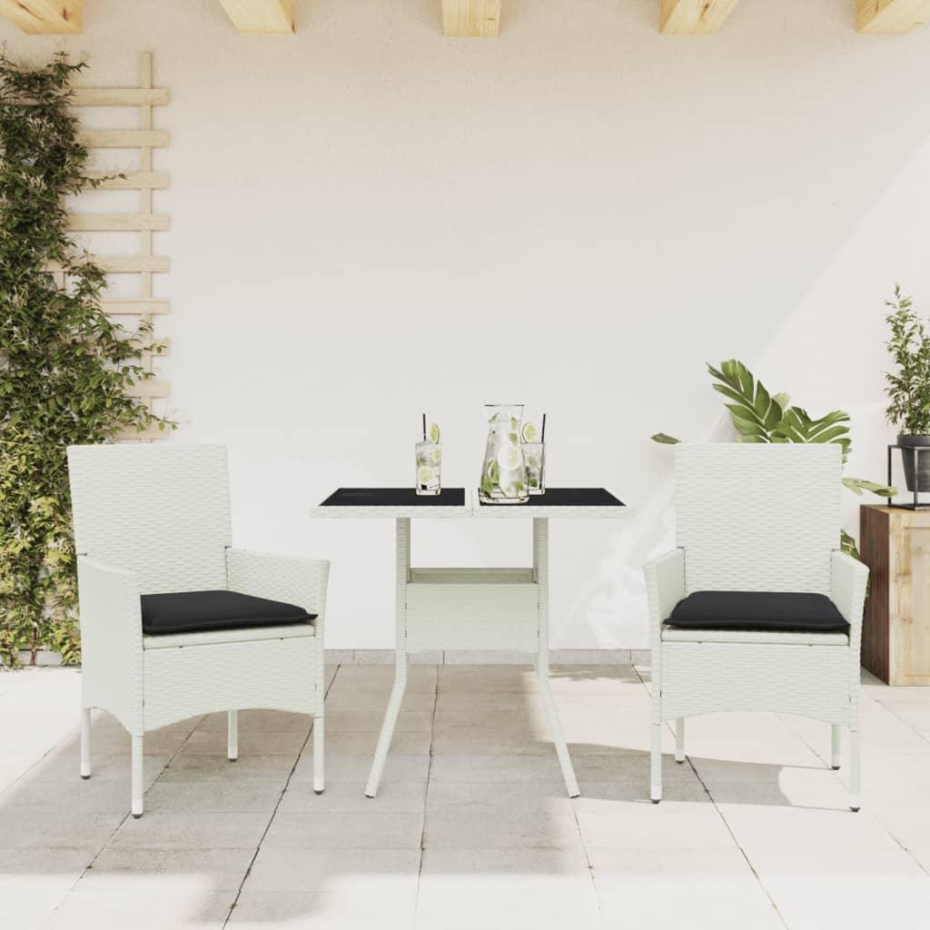 Spisebordssæt til haven 3dele m. hynder polyrattan og glas hvid