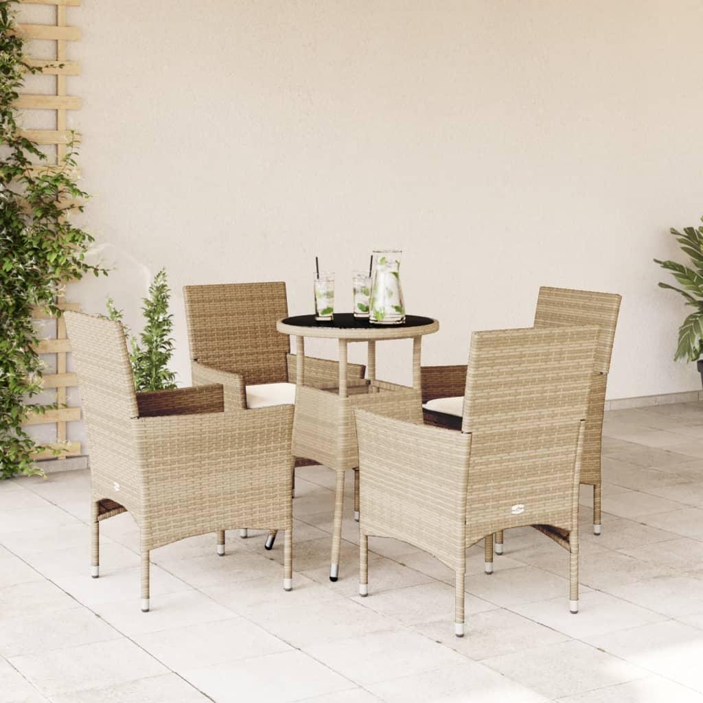 Spisebordssæt til haven 5 dele med hynder polyrattan og glas