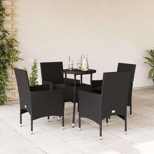 Spisebordssæt til haven 5dele m. hynder polyrattan og glas sort
