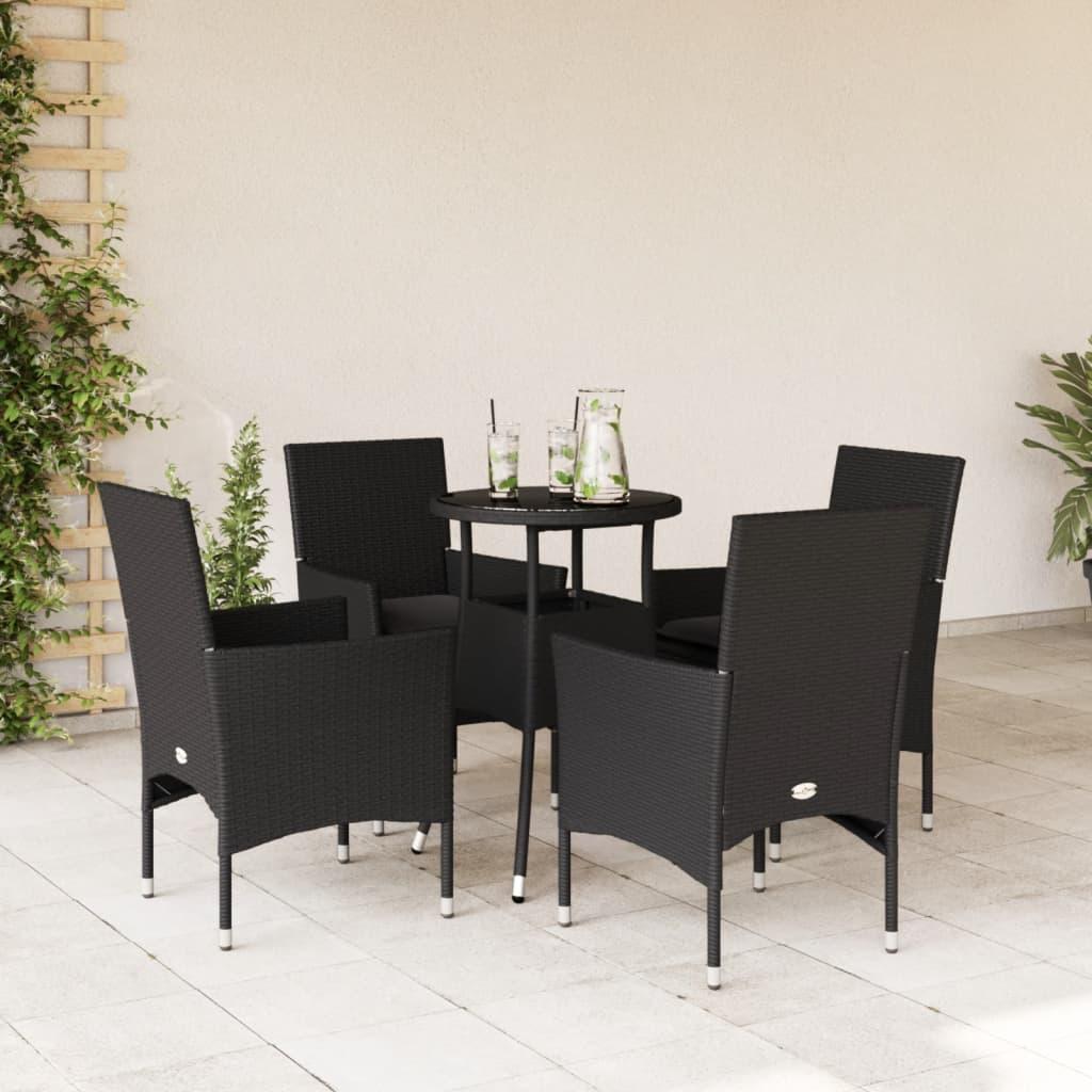 Spisebordssæt til haven 5dele m. hynder polyrattan og glas sort