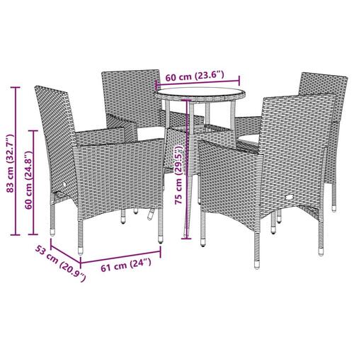 Spisebordssæt til haven 5dele m. hynder polyrattan og glas sort