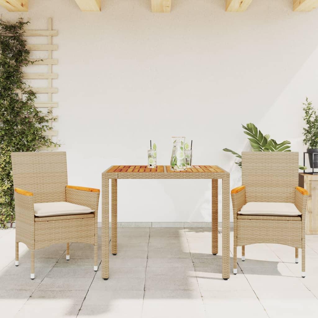 Spisebordssæt til haven 3dele m. hynder polyrattan akacie beige