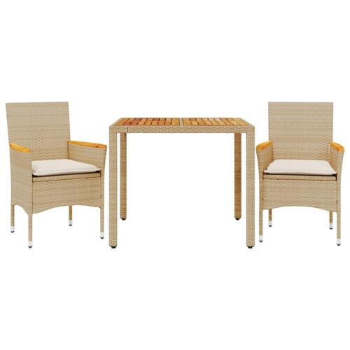 Spisebordssæt til haven 3dele m. hynder polyrattan akacie beige