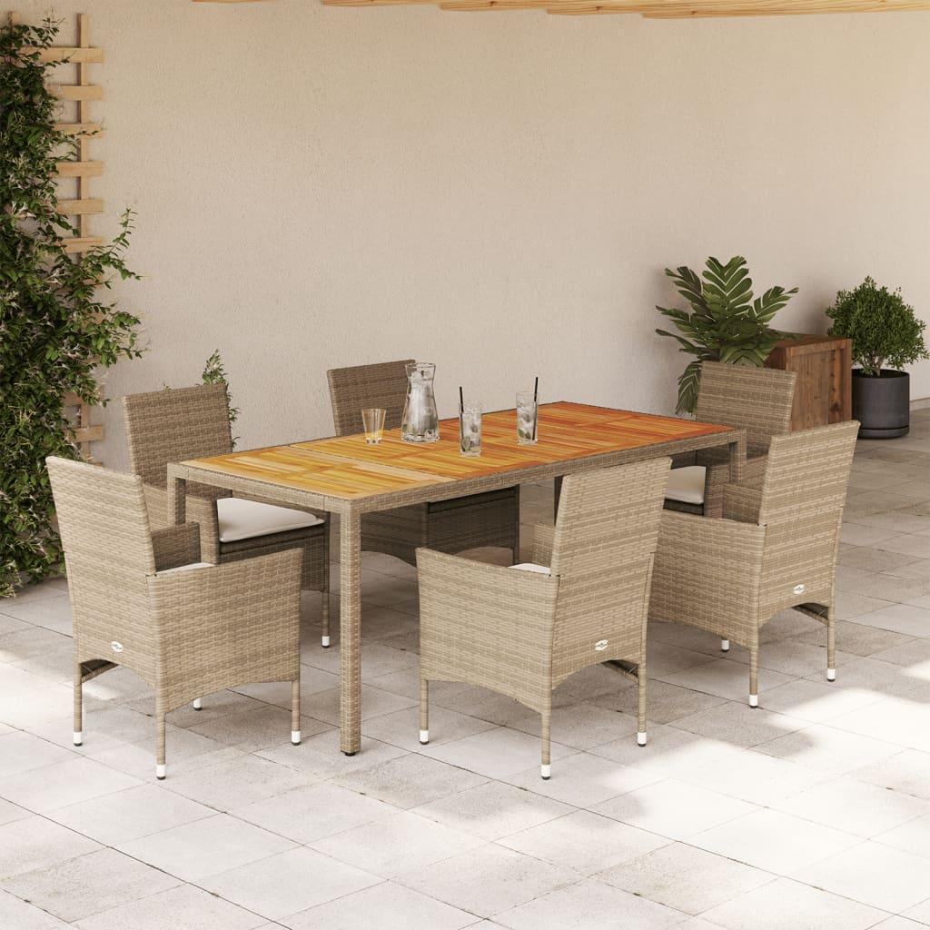 Spisebordssæt til haven 7dele m. hynder polyrattan akacie beige