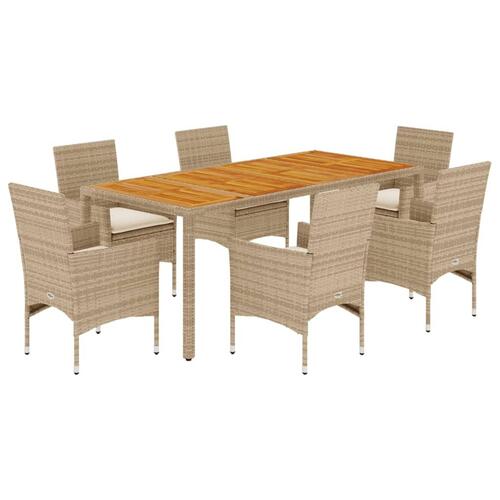 Spisebordssæt til haven 7dele m. hynder polyrattan akacie beige