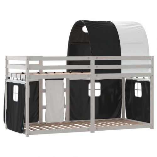 Køjeseng med gardiner 90x200 cm massivt fyrretræ hvid og sort